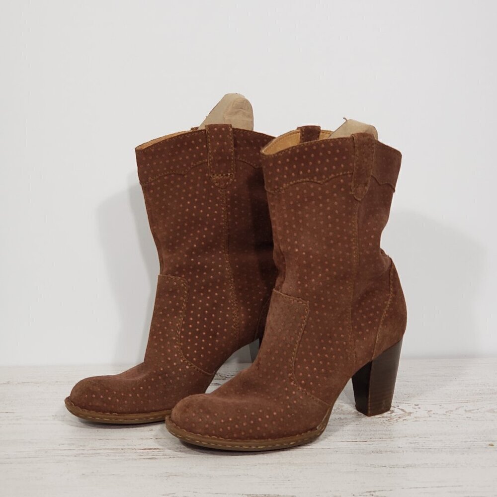 Born  Brown Suede Leather Heeled Booties  Women's Size 7   Dot pattern